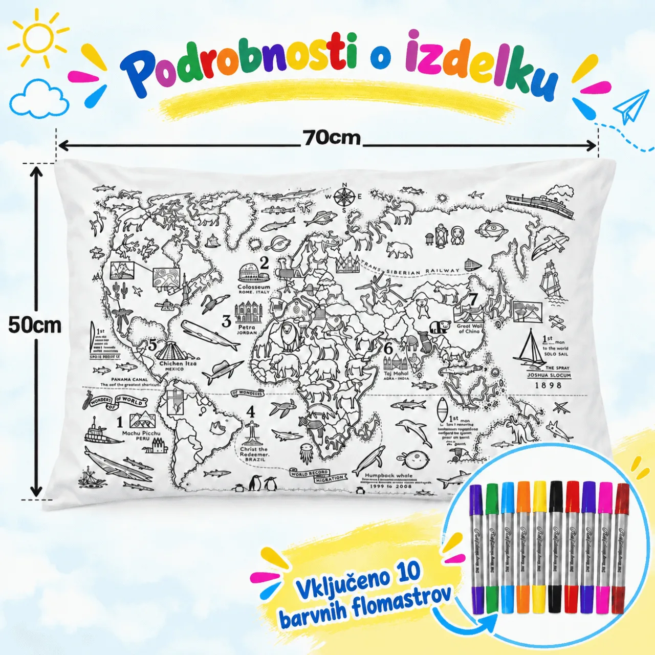 Pokoloruj swoją poduszkę – mapa świata, ColoringPillow - Image 3