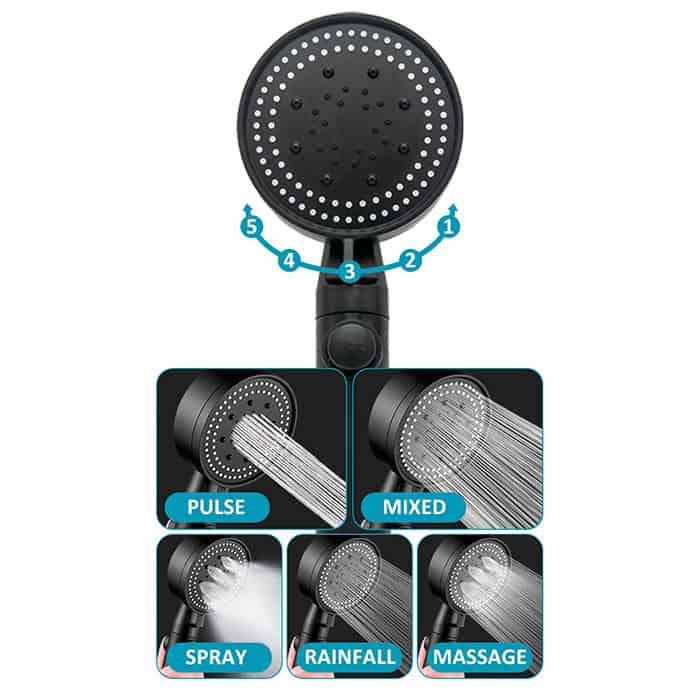 PressureShower, ramię prysznicowe z 5 trybami prysznicowymi (głowica, wąż i uchwyt) - Image 1