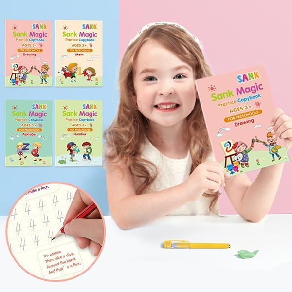 KidBook, 4-częściowy zestaw zeszytów do pisania i rysowania za pomocą Magic Pen, który automatycznie znika po wyschnięciu